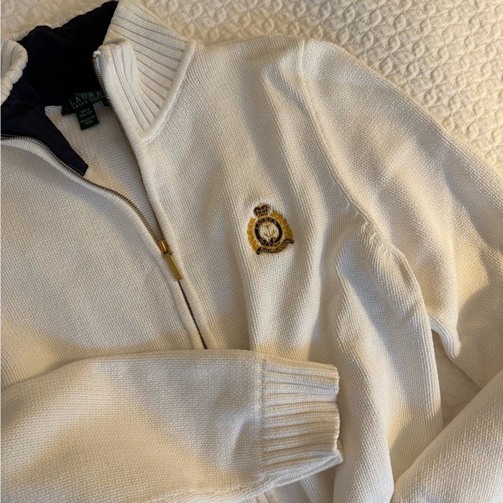 Ralph Lauren White Zip Sweater with Gold Accents